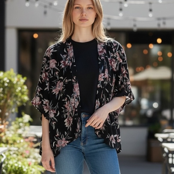 ARITZIA (XXS/XS) Azure Skies Cosima Floral Print Black Oversized Kimono - Picture 10 of 10
